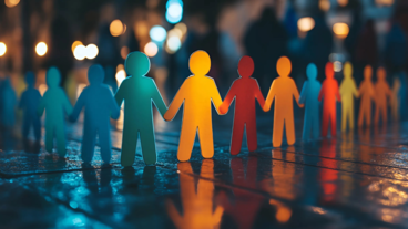 Bunte Girlande von Papiermenschen in verschiedenen Farben